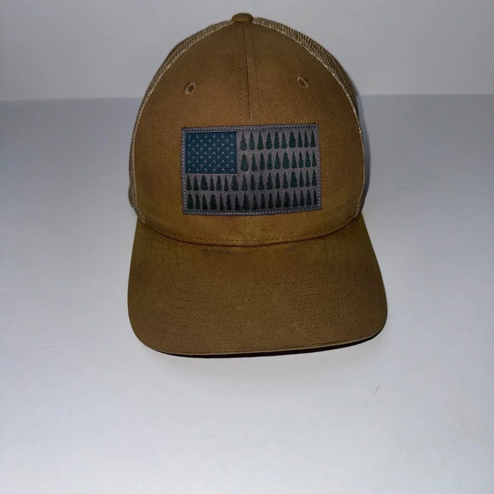 Mens OS Columbia Trucker Hat Brown Good Tree Flag Patch Flexfit Mesh Cap